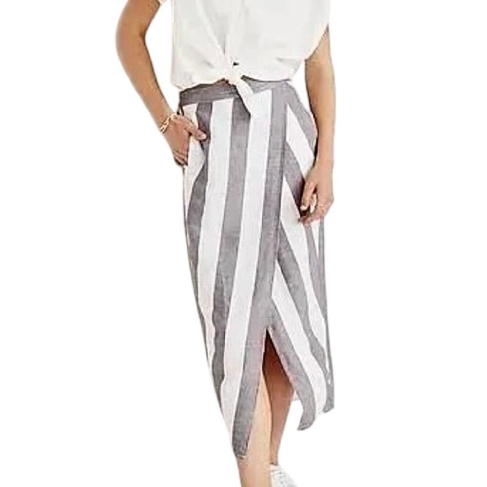 Madewell Linen Blend Striped Wrap Look Tulip Hem Maxi Skirt Coastal Preppy